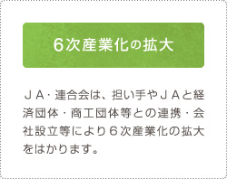 6次産業化の拡大 JA・連合会は、担い手やJAと経済団体・商工団体等との連携・会社設立等により6次産業化の拡大をはかります。